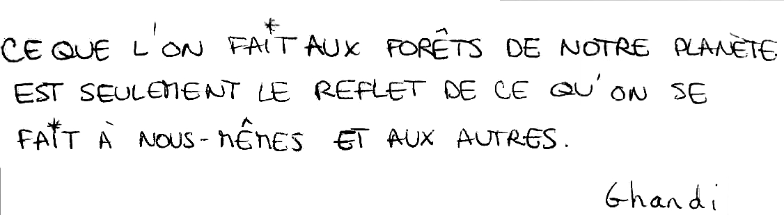 ce que l'on fait aux forêts de notre planète est seulement le reflet de ce qu'on se fait à nous-mêmes et aux autres Gandhi