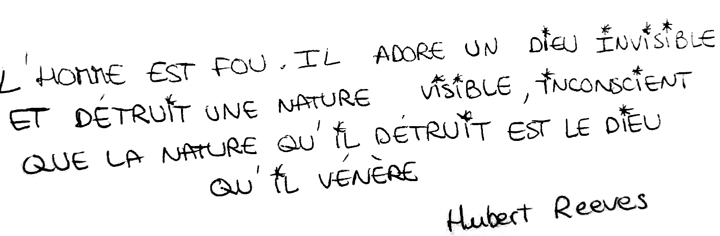 citation nature hubert reeves - l'homme est fou. Il adore un dieu invisible et détruit une nature visible, inconscient que la nature qu'il détruit est le dieu qu'il vénère